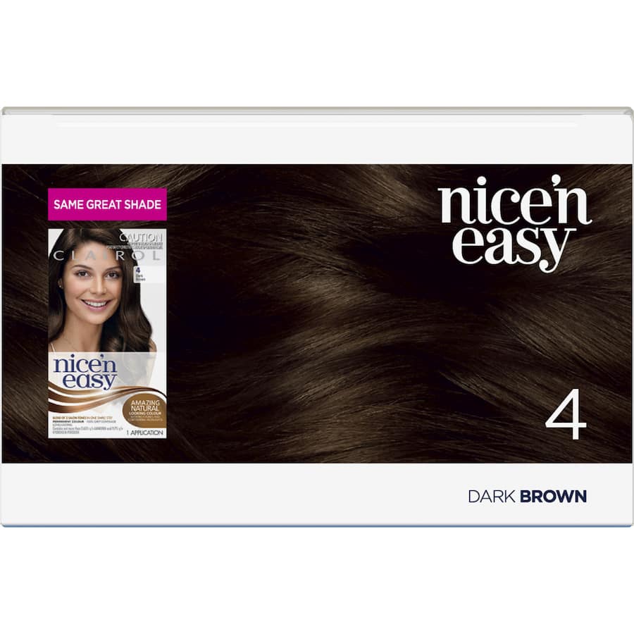 Clairol Nice N Easy Dark Brown 4 hair colour ensures rich tones, 100% grey coverage, and vibrant, lasting shine.