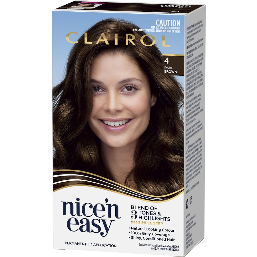 Clairol Nice N Easy Dark Brown 4 hair dye offers rich tones, highlights, and 100% grey coverage for vibrant, natural-looking color.