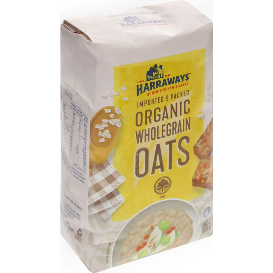 Harraways Wholegrain Oats Organic in recyclable packaging, ideal for nutritious porridge, muesli, and baking.