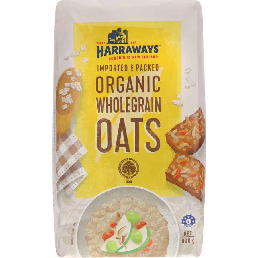 Harraways Wholegrain Oats Organic: nutritious, eco-friendly oats for porridge, muesli, and baking, sourced from certified farms.