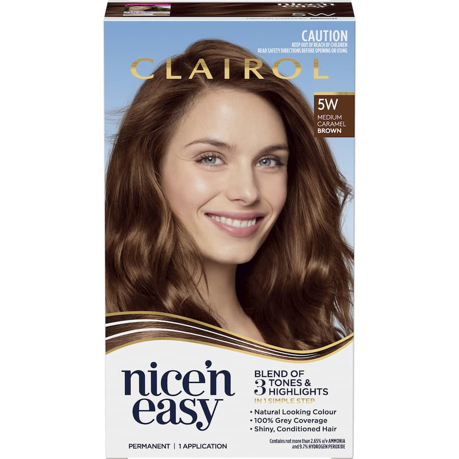 Clairol Nice 'N Easy Medium Caramel Brown 5W: vibrant hair color with rich tones, 100% grey coverage, and lasting shine.