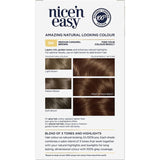 Clairol Nice 'N Easy Medium Caramel Brown hair dye offers vibrant color, 100% grey coverage, and lasting shine with ColourSeal Gloss.