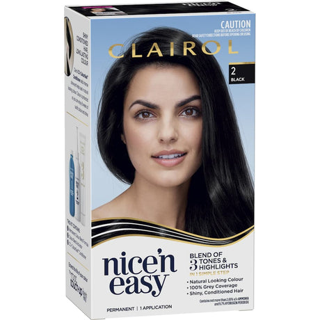 Clairol Nice N Easy Hair Colour in Black 2 offers vibrant, long-lasting color with 100% grey coverage and a glossy finish.