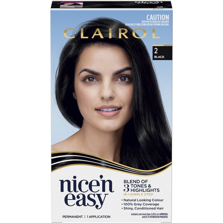 Clairol Nice N Easy Hair Colour Black 2 offers vibrant black colour, 100% grey coverage, and a glossy finish for radiant hair.