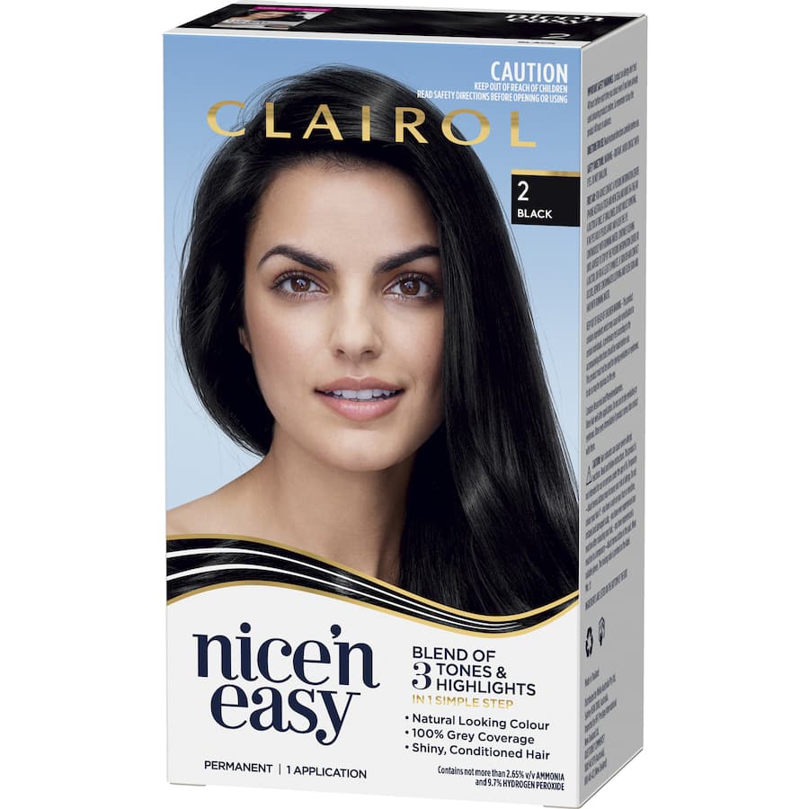 Clairol Nice N Easy Hair Colour Black 2 offers vibrant, natural colour with 100% grey coverage and intense shine.