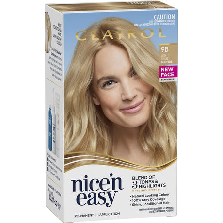 Clairol Nice 'N Easy Light Beige Blonde 9B hair dye offers natural color, 100% grey coverage, and conditioning gloss for shine.