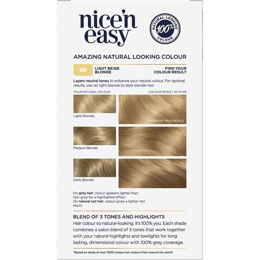 Clairol Nice N Easy Light Beige Blonde 9B hair dye offers vibrant color, 100% grey coverage, and intense shine for natural results.