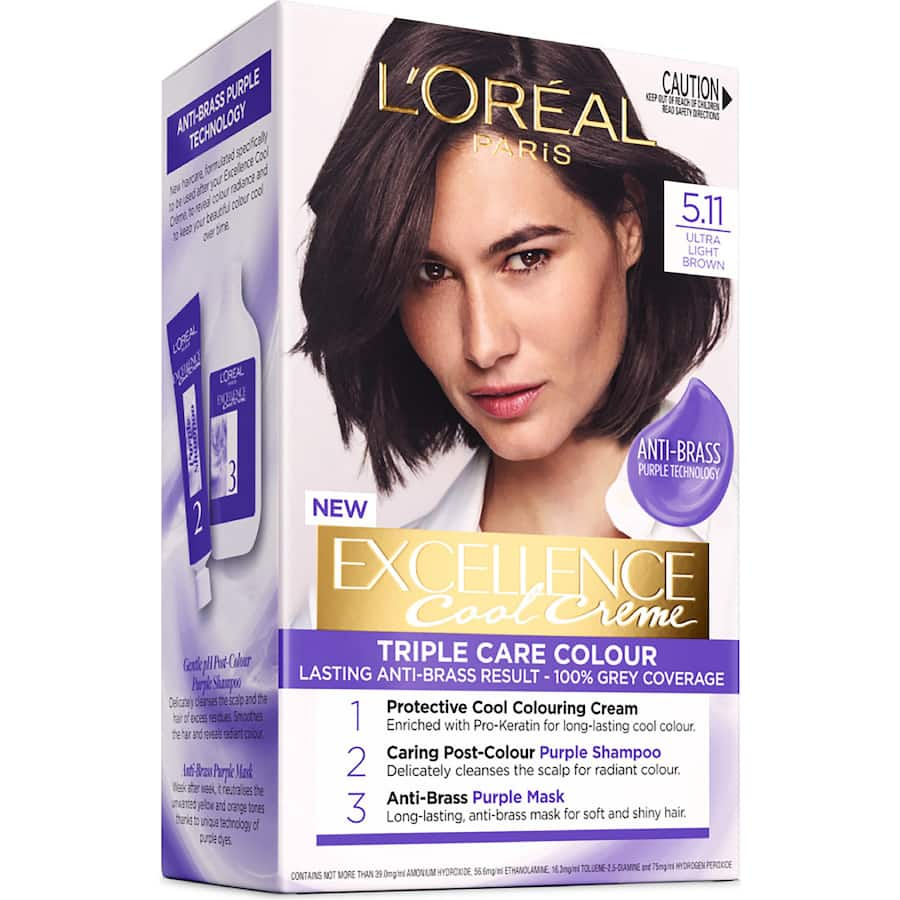 L'Oréal Excellence Cool Hair Colour 5.11, a premium ultra light brown dye with Pro-Keratin for vibrant, ash-toned results.