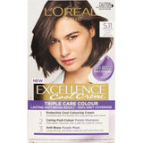 L'Oréal Excellence Cool Hair Colour in Ultra Light Brown 5.11, featuring Triple Care and Anti-Brass technology for vibrant color.