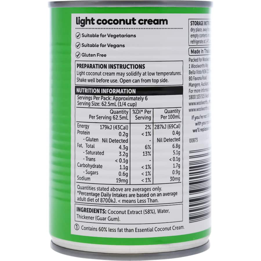 Rich and creamy Essentials Coconut Cream Lite Reduced Fat, perfect for curries, smoothies, and desserts without excess calories.