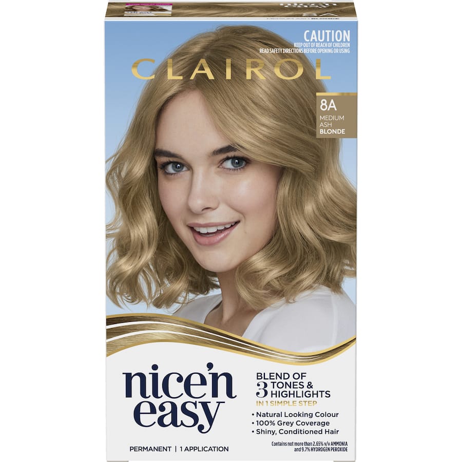 Clairol Nice N Easy Medium Ash Blonde 8A hair color offers 100% grey coverage with nourishing shine and natural-looking highlights.