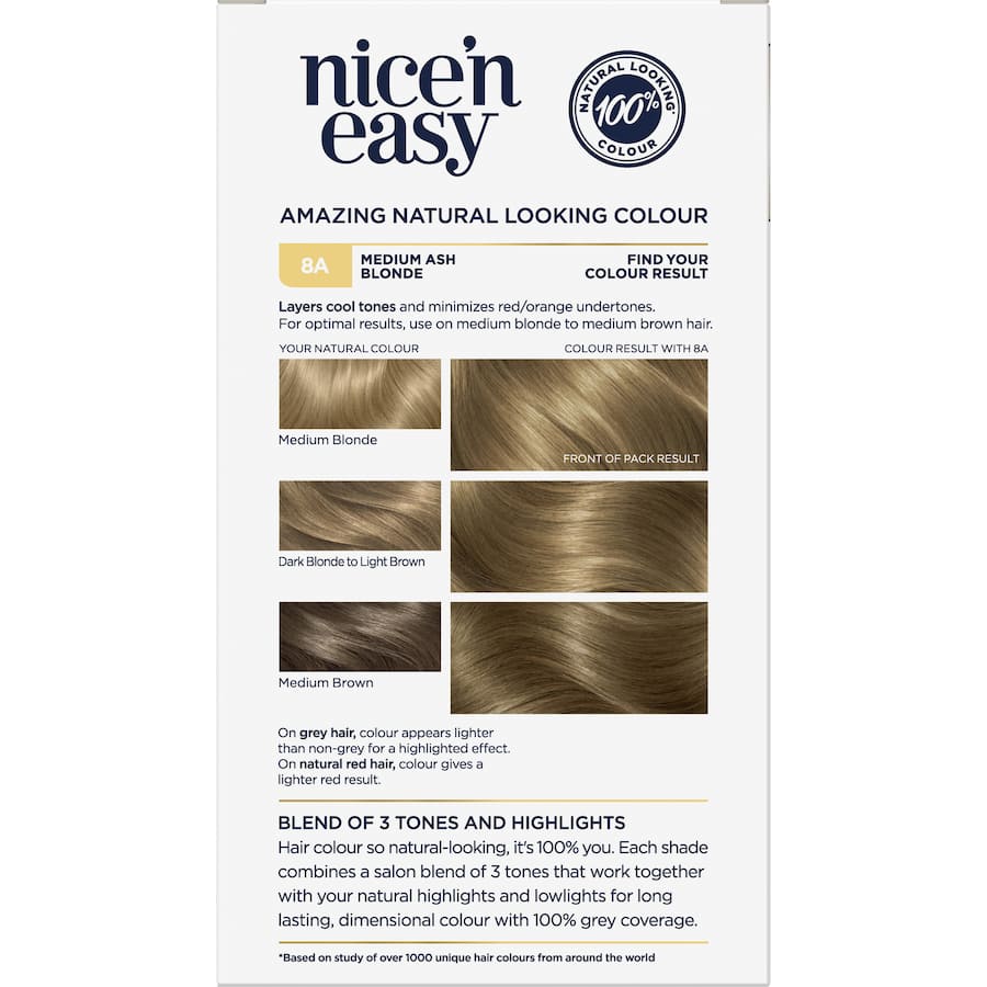 Clairol Nice N Easy Medium Ash Blonde 8A hair color for vibrant, natural-looking color with 100% grey coverage and shine.