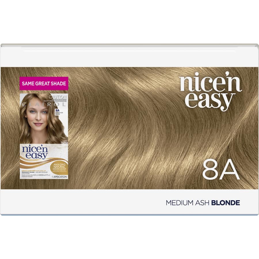 Clairol Nice N Easy Medium Ash Blonde 8A hair color offers vibrant, lasting color with 100% grey coverage and conditioning shine.