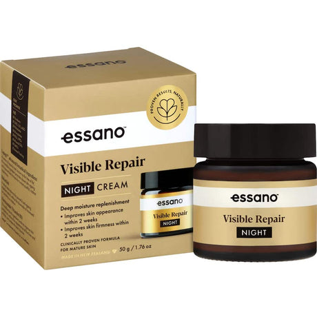 Essano Night Cream Visible Repair for mature skin, featuring Lapagyl™, Bakuchiol, and Niacinamide for rejuvenation and hydration.