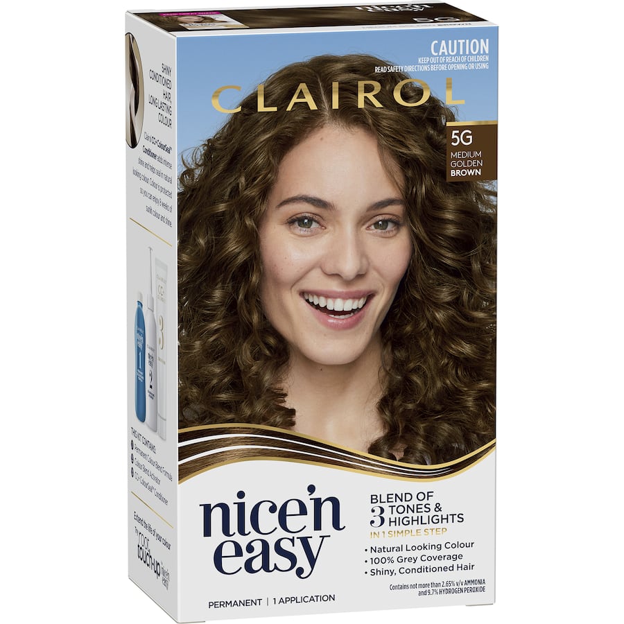 Clairol Nice 'N Easy Medium Golden Brown hair color offers rich, natural tones with 100% grey coverage and conditioning gloss.