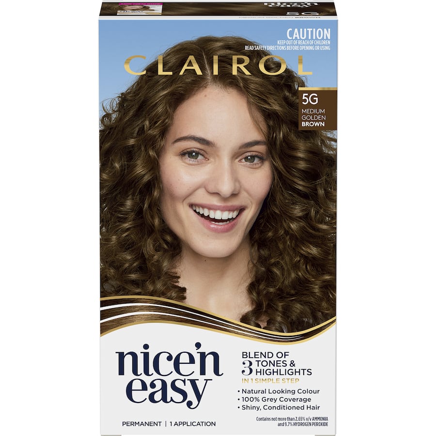 Clairol Nice N Easy Hair Colour in Medium Golden Brown 5g offers rich, natural color with 100% grey coverage and intense shine.