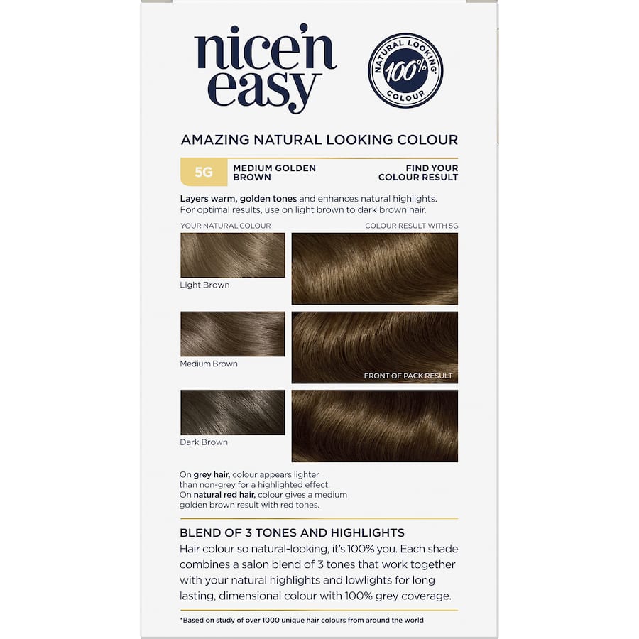 Clairol Nice 'N Easy Hair Colour in Medium Golden Brown 5g offers vibrant, natural tone with 100% grey coverage and lasting shine.