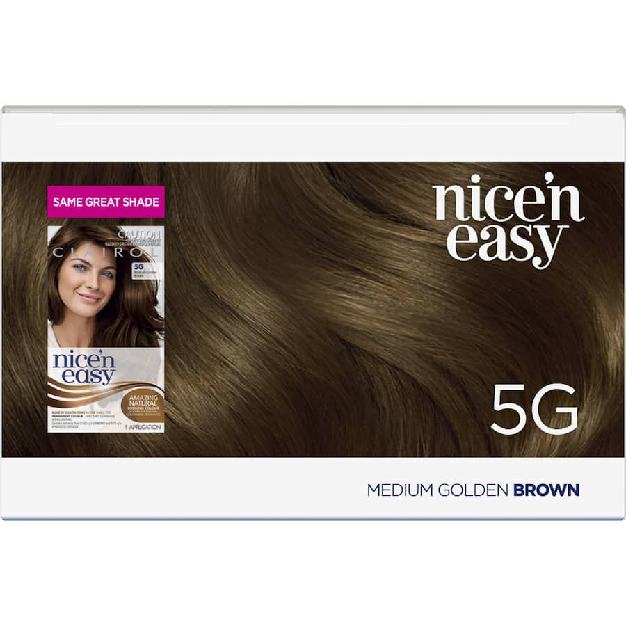 Clairol Nice N Easy Medium Golden Brown hair color box showcasing vibrant, natural-looking results and ColourSeal Conditioning Gloss.