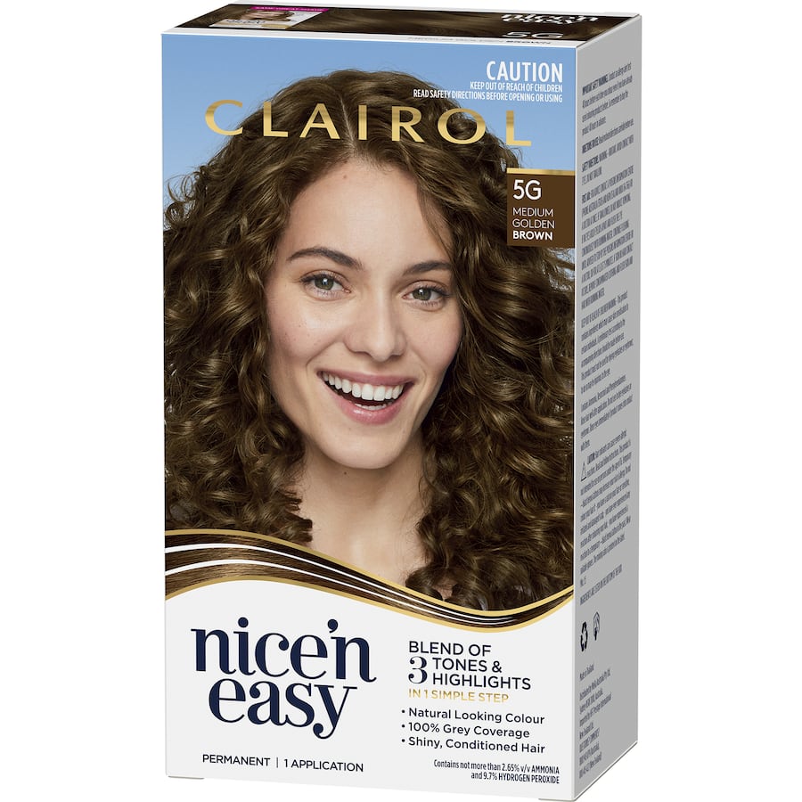 Clairol Nice 'N Easy Medium Golden Brown 5g hair dye offers rich color, 100% grey coverage, and a glossy finish.