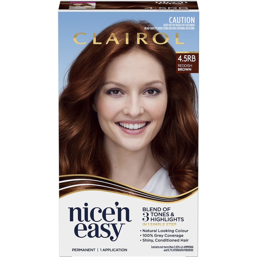 Clairol Nice N Easy Reddish Brown hair color with Colour Blend Technology for vibrant, natural color and 100% grey coverage.