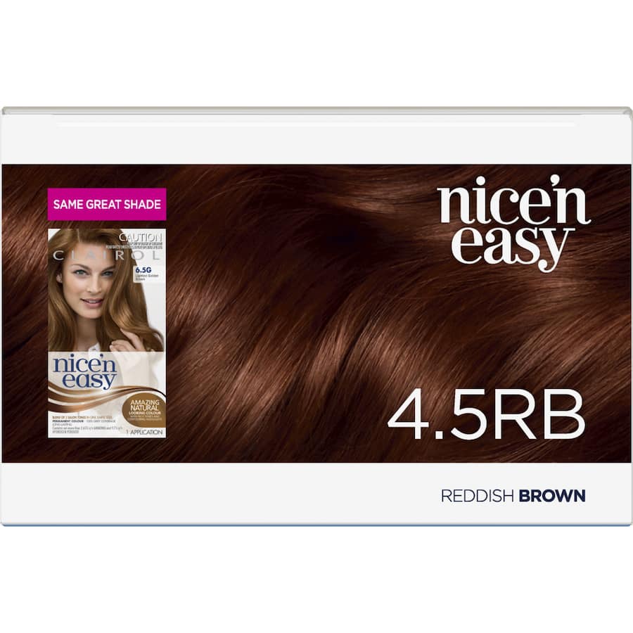 Clairol Nice N Easy Reddish Brown hair dye offers vibrant color, grey coverage, and shine with innovative Colour Blend Technology.