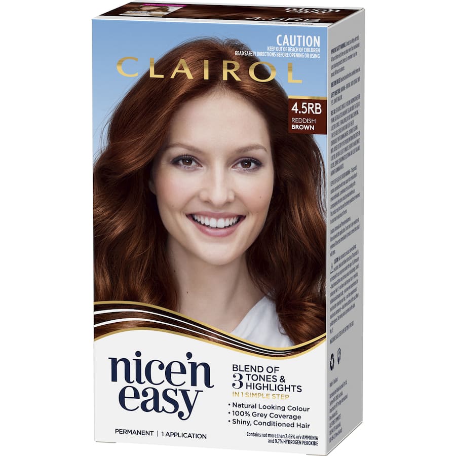 Clairol Nice N Easy Reddish Brown hair color offers vibrant, natural tones with 100% grey coverage and lasting shine.