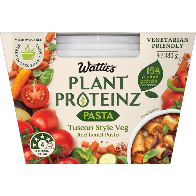 Wattie's Plant Proteinz Pasta Tuscan Style Veg, a nutritious plant-based option with bold Tuscan flavors and quick preparation.