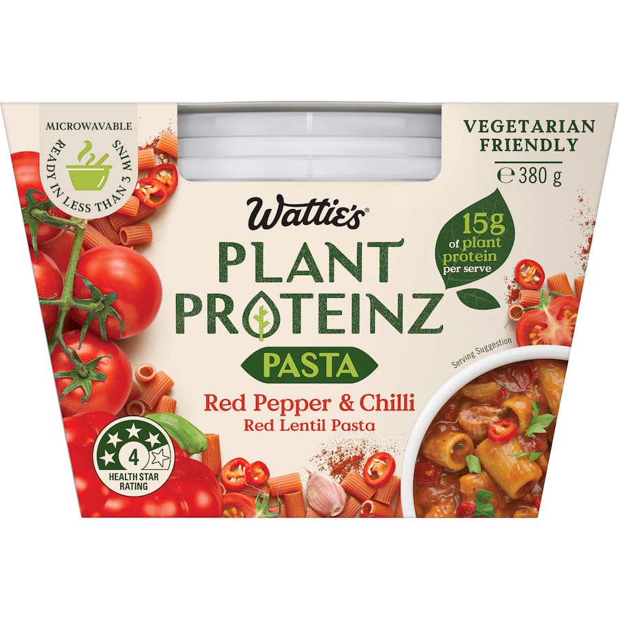 Wattie's Plant Proteinz Soup Pasta Red Pepper & Chilli, a nutritious vegan soup with plant protein, bold flavors, and gluten-free pasta.