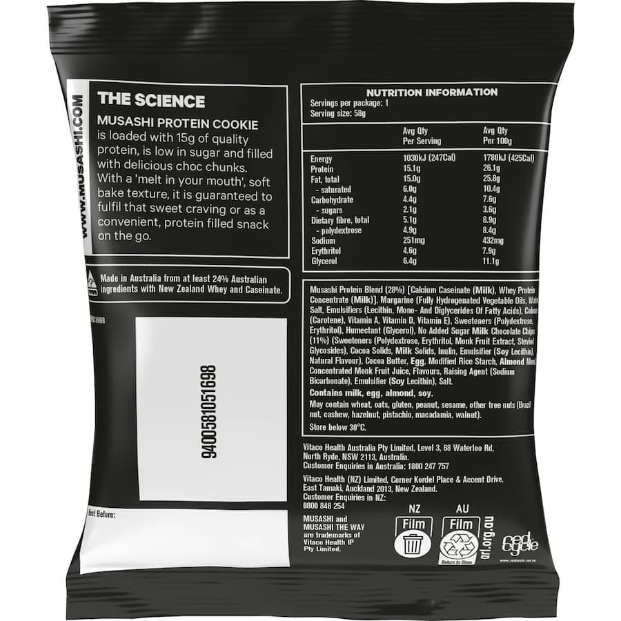 Musashi Protein Bar Cookie Choc Chip, a nutritious snack with 20g protein, perfect for post-workout recovery and on-the-go energy.