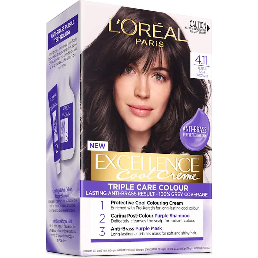 L'Oréal Excellence Cool Hair Colour in Ultra Ash Brown 4.11 offers vibrant, cool-toned hair with anti-brass technology for lasting results.