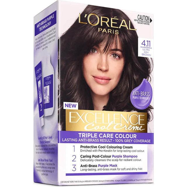 L'Oréal Excellence Cool Hair Colour in Ultra Ash Brown 4.11 offers vibrant, cool-toned hair with anti-brass technology for lasting results.