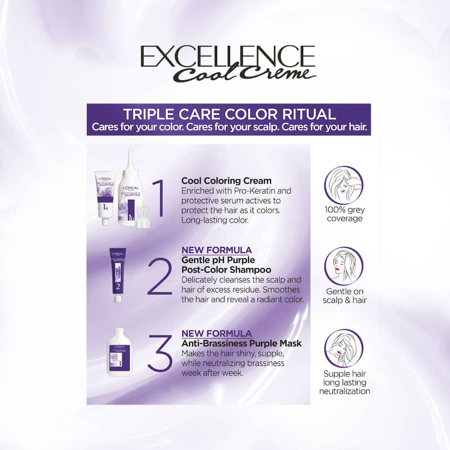 L'Oréal Excellence Ultra Ash Brown 4.11 hair dye, featuring Triple Care Colour Routine and Anti-Brass Purple Technology for vibrant color.