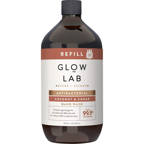 Eco-friendly hand wash refill featuring coconut and cedar, kills 99.9% of germs while hydrating and softening skin.