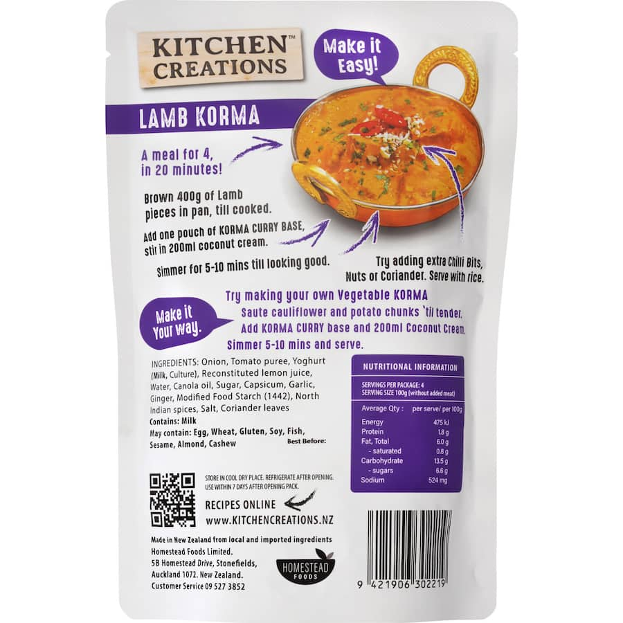 Kitchen Creations Korma Curry base, rich and creamy, perfect for quick, authentic Indian meals with no artificial additives.