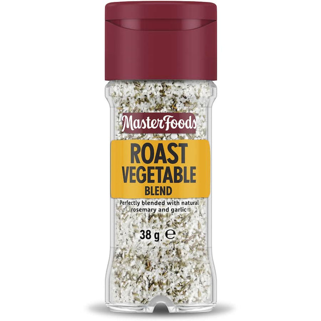 Masterfoods Roast Vegetable Seasoning Blend in a glass shaker jar, featuring rosemary, garlic, and pepper for flavorful dishes.