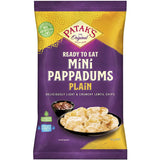 Crispy Patak's mini pappadums made from lentils, perfect for snacking or pairing with chutneys and curries.