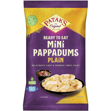 Crispy Patak's mini pappadums made from lentils, perfect for snacking or pairing with chutneys and curries.