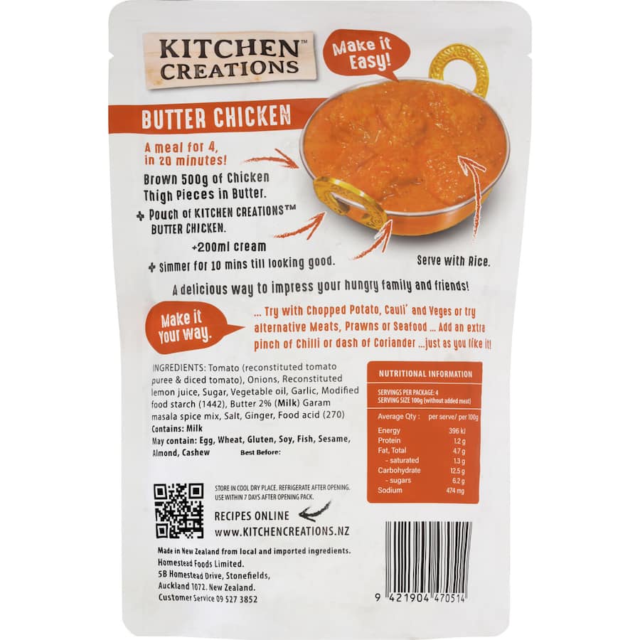 Delicious Kitchen Creations Butter Chicken recipe base, rich in spices, for a quick, creamy meal in 20 minutes.