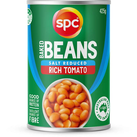 Can of Spc Baked Beans Rich Tomato Salt Reduced, high-protein, fiber-rich meal option with reduced salt for healthy eating.