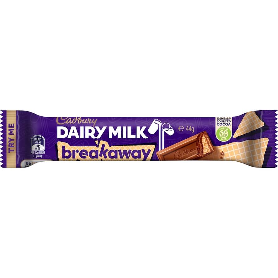 Cadbury Dairy Milk Breakaway chocolate bar with creamy chocolate and crunchy biscuit center, perfect for indulgence and sharing.