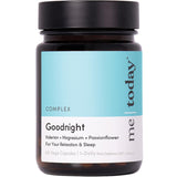 Capsules labeled "Me Today Goodnight" promote restful sleep with Valerian root and Magnesium for relaxation and tranquility.