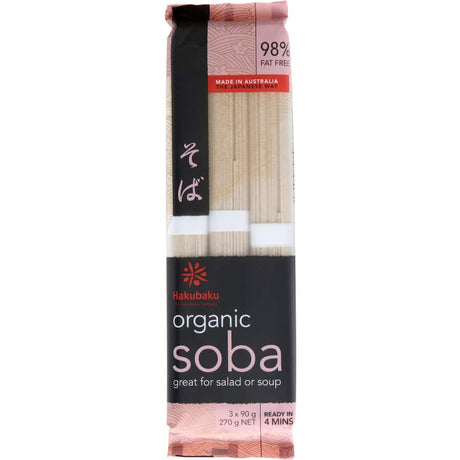 Hakubaku Japanese Organic Soba Noodles, featuring rich nutty flavor, perfect for hot or cold dishes.