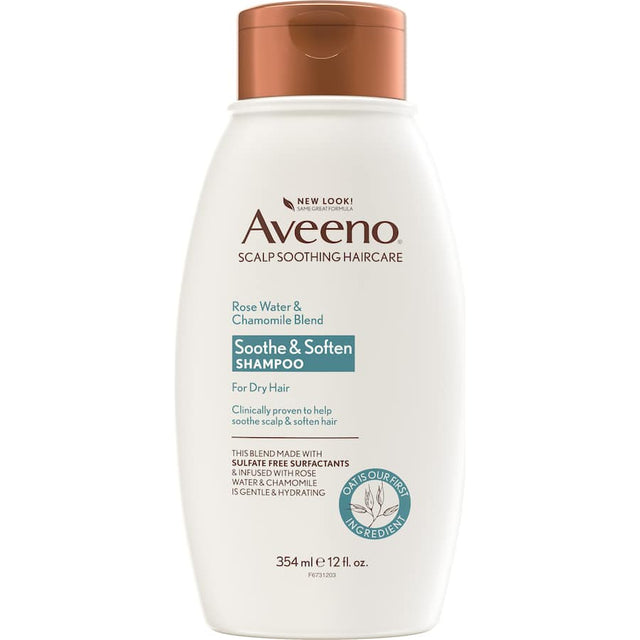 Aveeno Shampoo with Rose Water & Chamomile, hydrates and soothes dry hair, promoting soft, bouncy locks.