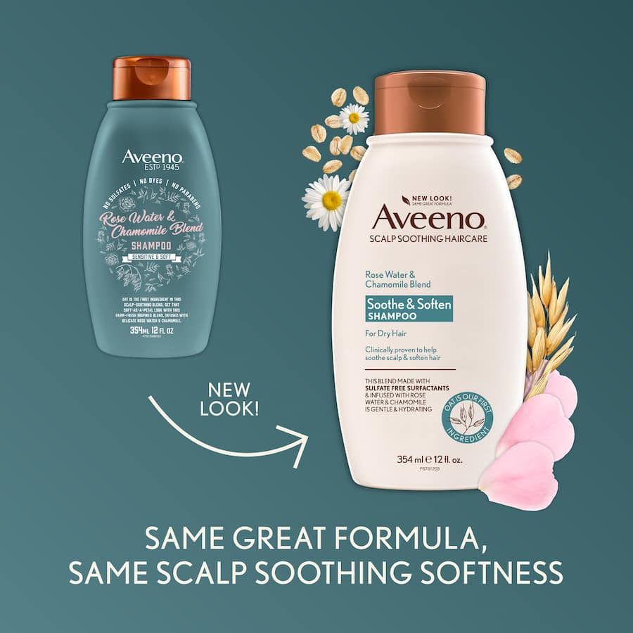 Aveeno Rose Water & Chamomile Shampoo for dry hair, providing hydration and soothing benefits for healthy, bouncy locks.