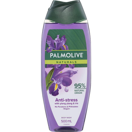Palmolive Naturals Anti-Stress Body Wash with Ylang Ylang, Iris, Lavender, and Patchouli for a soothing, gentle cleanse.