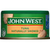 A can of John West Tempters Tuna Naturally Smoked, showcasing premium flaked tuna rich in omega-3s for healthy meals.