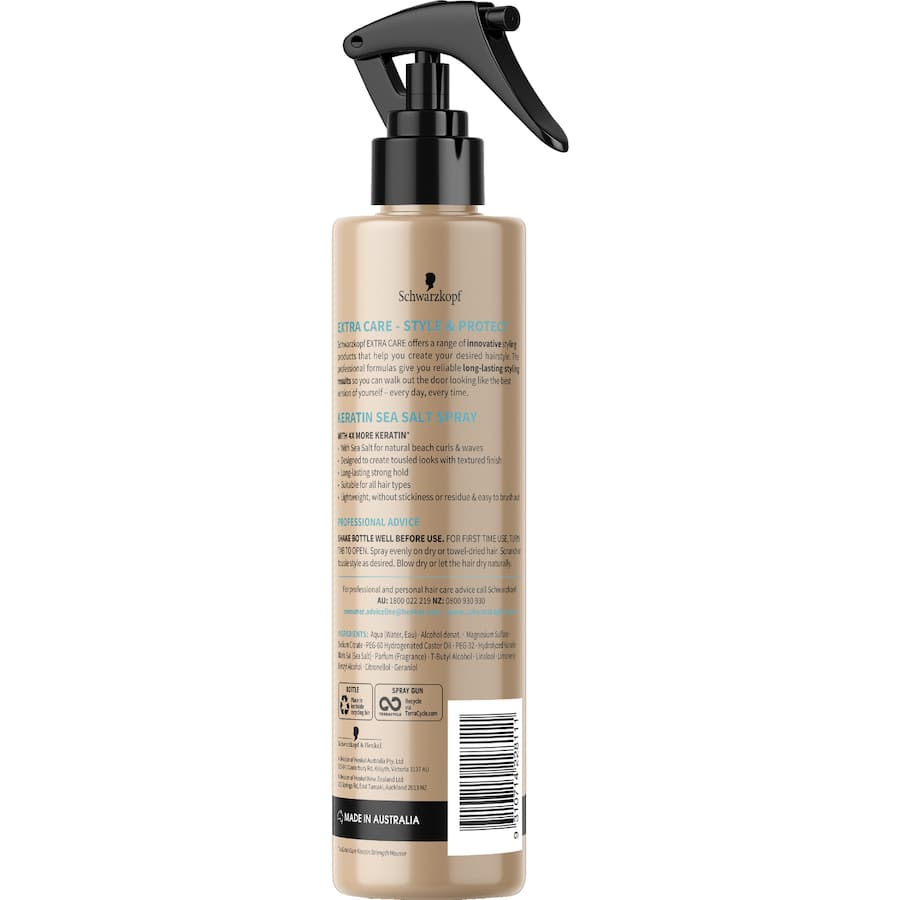 Bottle of Schwarzkopf Extra Care Keratin Sea Salt Spray, designed for creating beachy waves with nourishing keratin and sea salt.