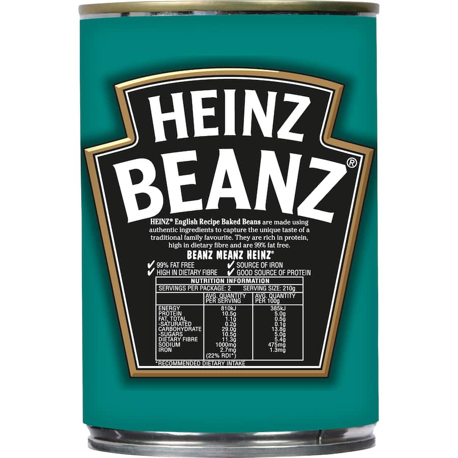 Heinz Baked Beans in rich tomato sauce, perfect for a traditional British breakfast, high in fiber and 99% fat-free.