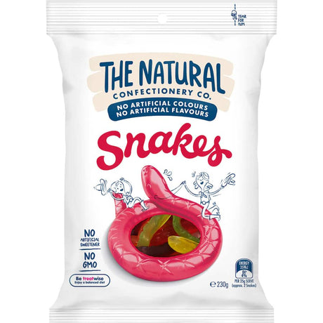 Colorful gummy snakes from The Natural Confectionery Co., made with natural ingredients, perfect for guilt-free snacking.