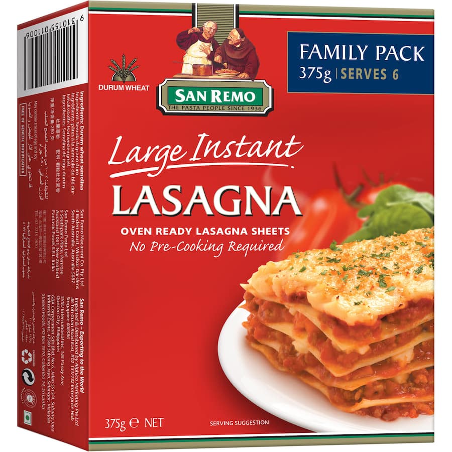 Premium San Remo Pasta Lasagne Sheets made from 100% Australian durum wheat; easy-to-use, precooked, and vegan-friendly.